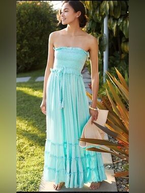 PQ Strapless Smocked Maxi Dress in Aqua Blue by